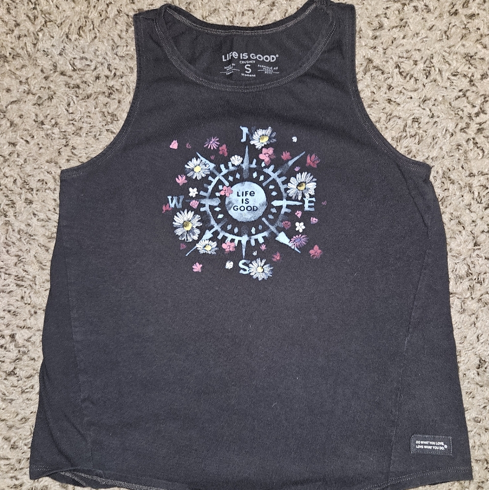 Life Is Good Dark Blue Tank Top with Floral Design